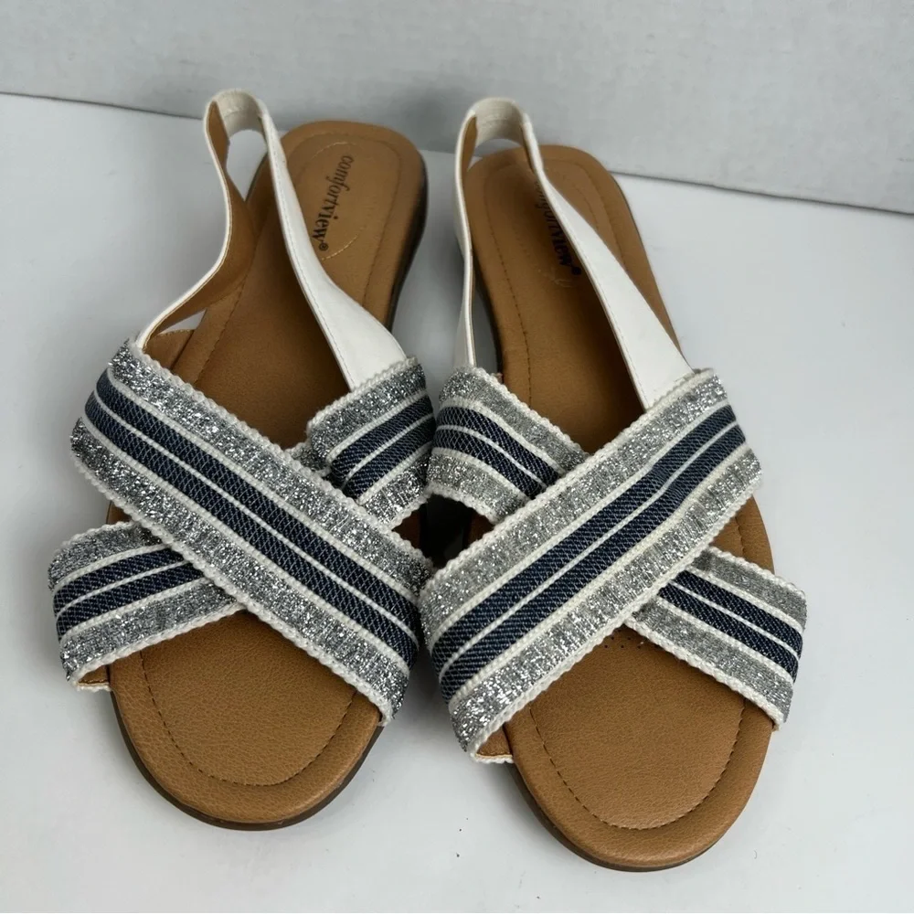 Comfortview Emma Sling BackCross Strap Blue Metallic Gold Womens Sandals Size:9w